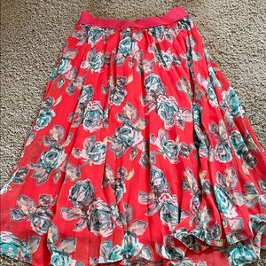 Red Floral Midi Skirt with Teal Accents
